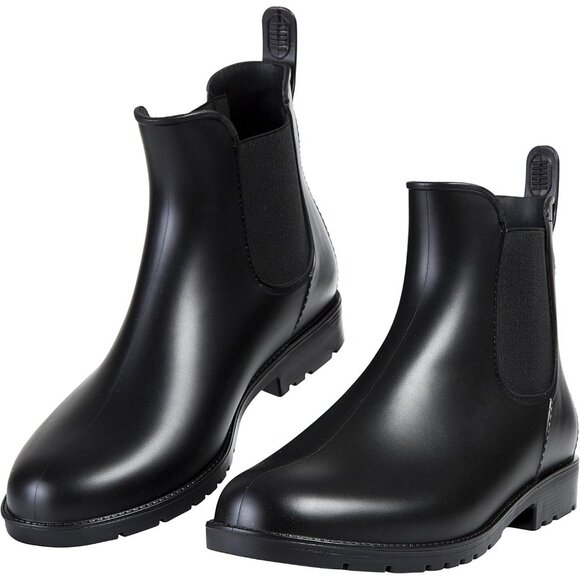 Women's Black Pointed Toe Waterproof Chelsea Double Elastic Ankle Rain Boots - Picture 3 of 7